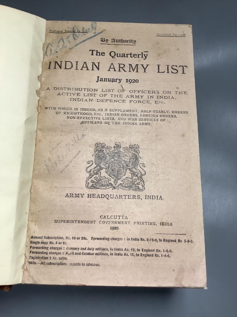 Indian Army – The Quarterly Indian Army List, January 1920 … contemp. gilt-lettered binder’s cloth, preserving upper printed wrapper, thick roy. 8vo.